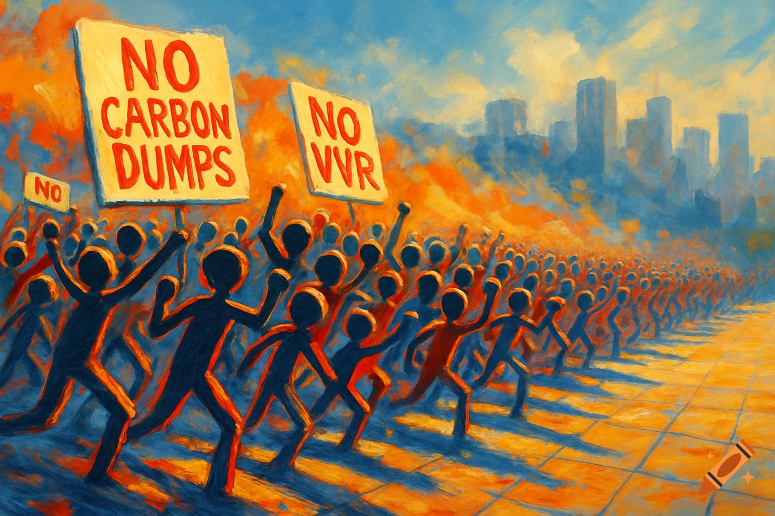 A vibrant, painterly image of silhouetted protestors holding signs that read 'NO CARBON DUMPS' and 'NO WVR' in front of a city skyline.