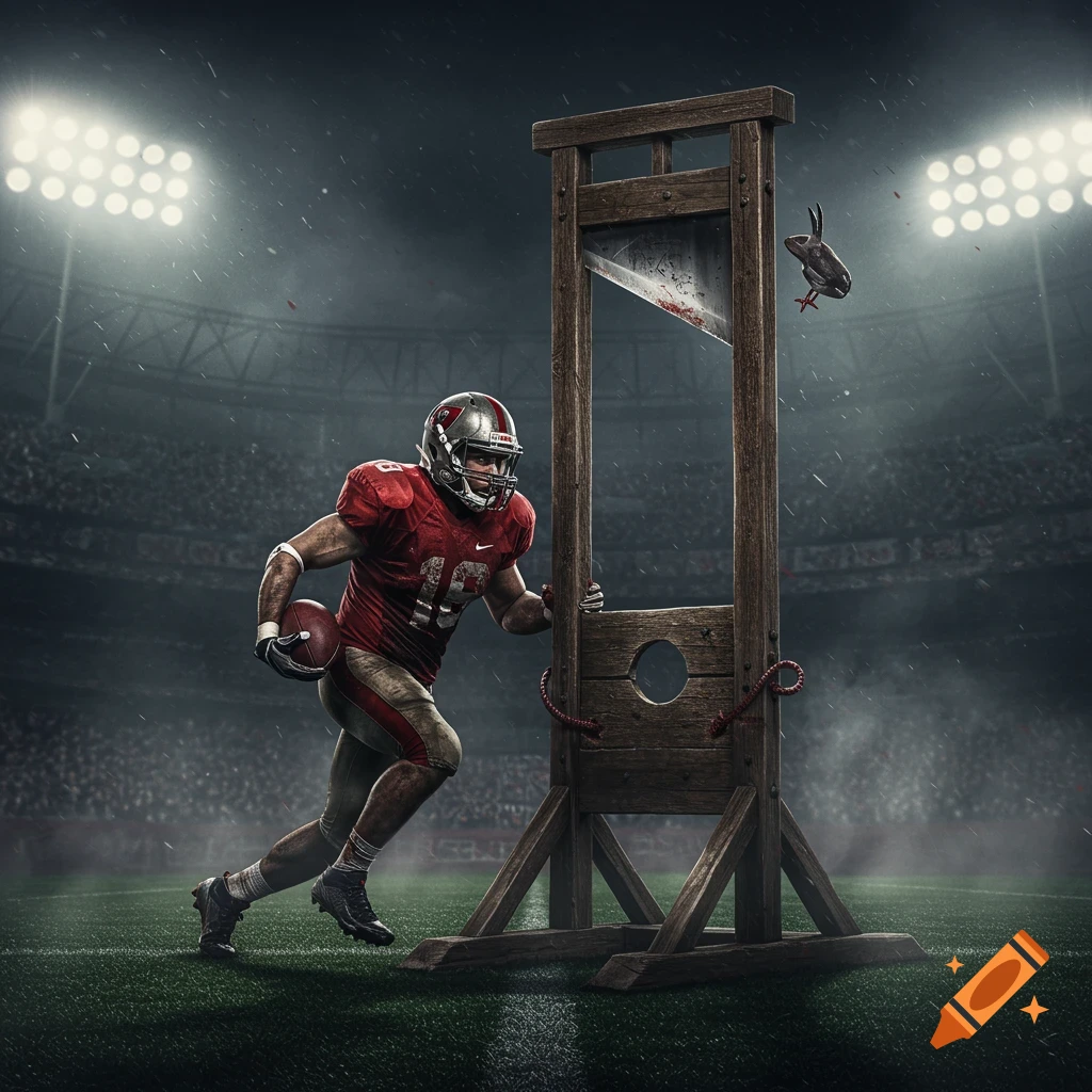 Photorealistic image of an American football player running past a guillotine with a severed bird head on a football field at night.