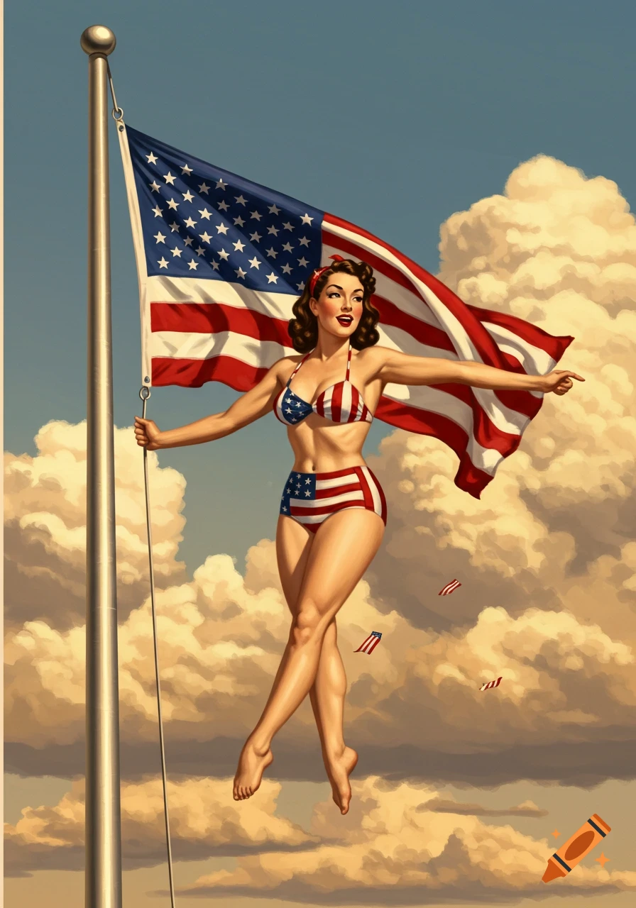 A pin-up style illustration of a woman in an American flag bikini, holding an American flag on a pole under a cloudy sky.