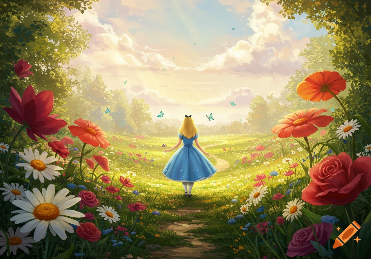 Alice in a blue dress walks down a winding path through a sunny, vibrant meadow filled with colorful flowers and butterflies.