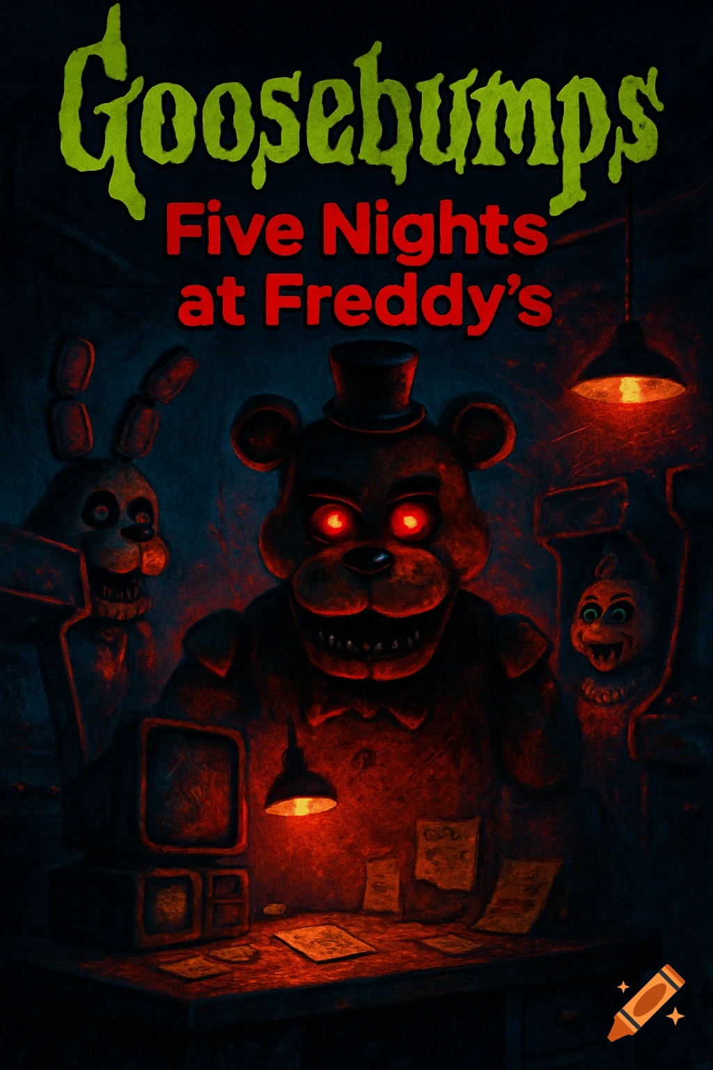 A dark, creepy Goosebumps book cover featuring Freddy Fazbear and other Five Nights at Freddy's animatronics with glowing red eyes.