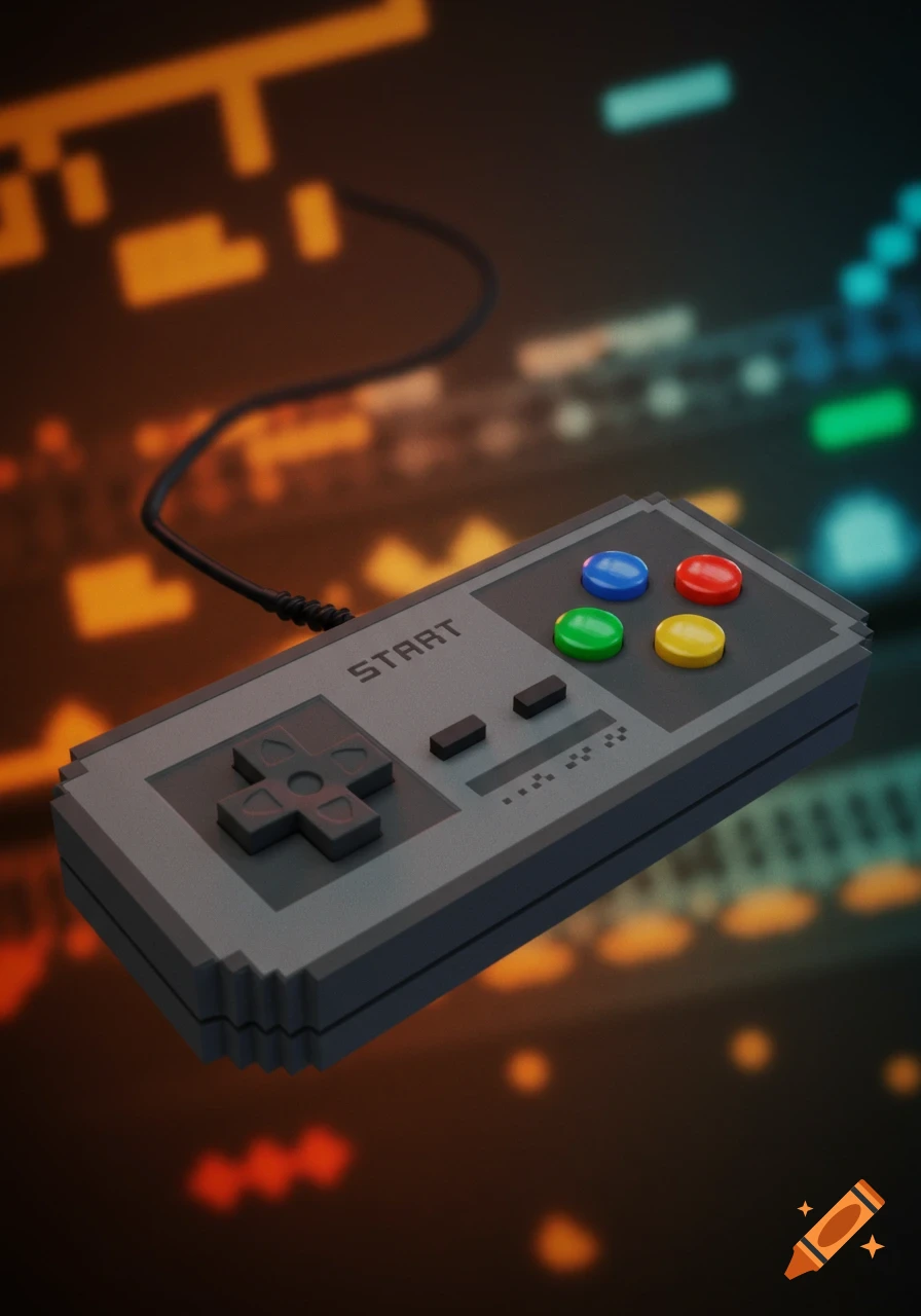 A 16-bit style gray game controller with a black D-pad, Start button, and colorful action buttons, on a blurred pixelated background.