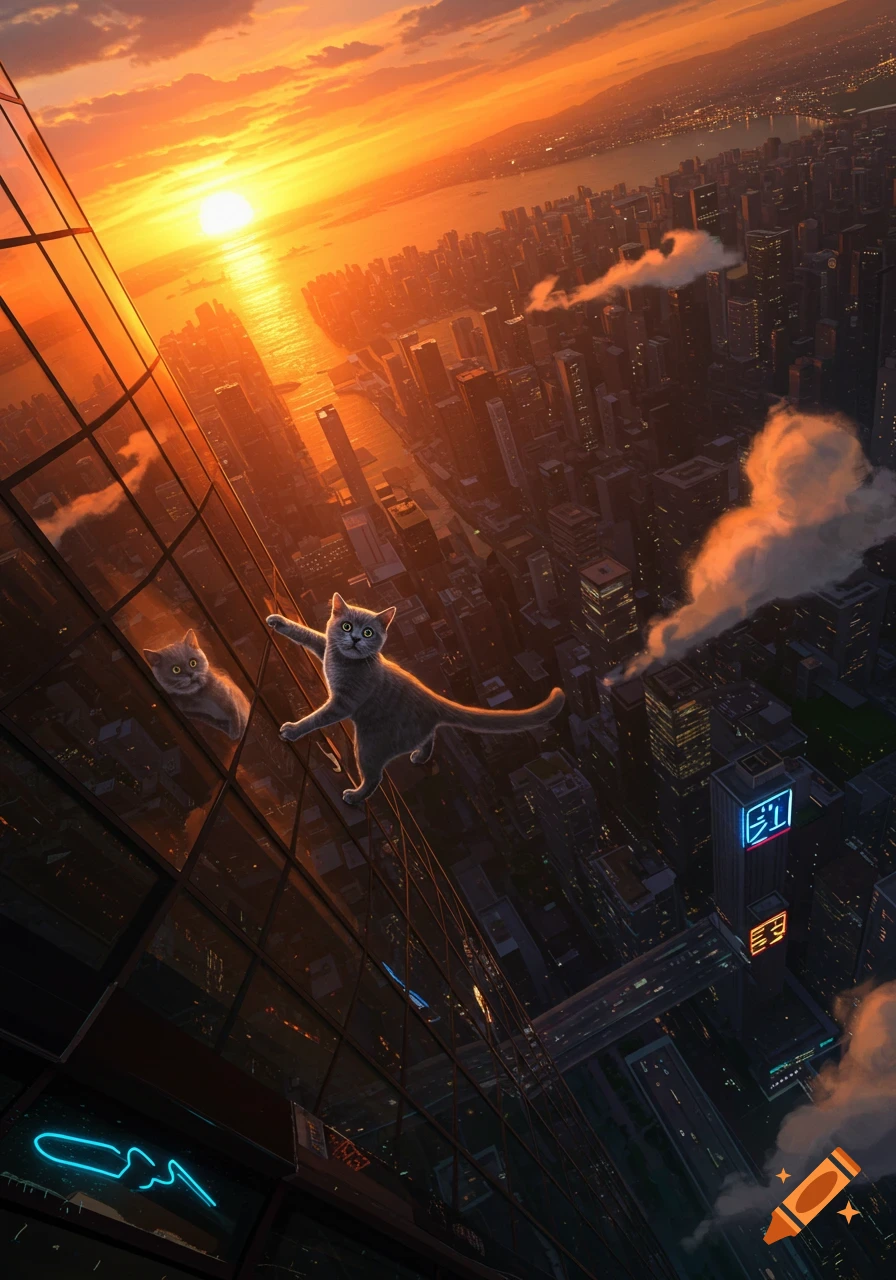 Two cats on the side of a skyscraper overlooking a vast city at sunset, digital art style.