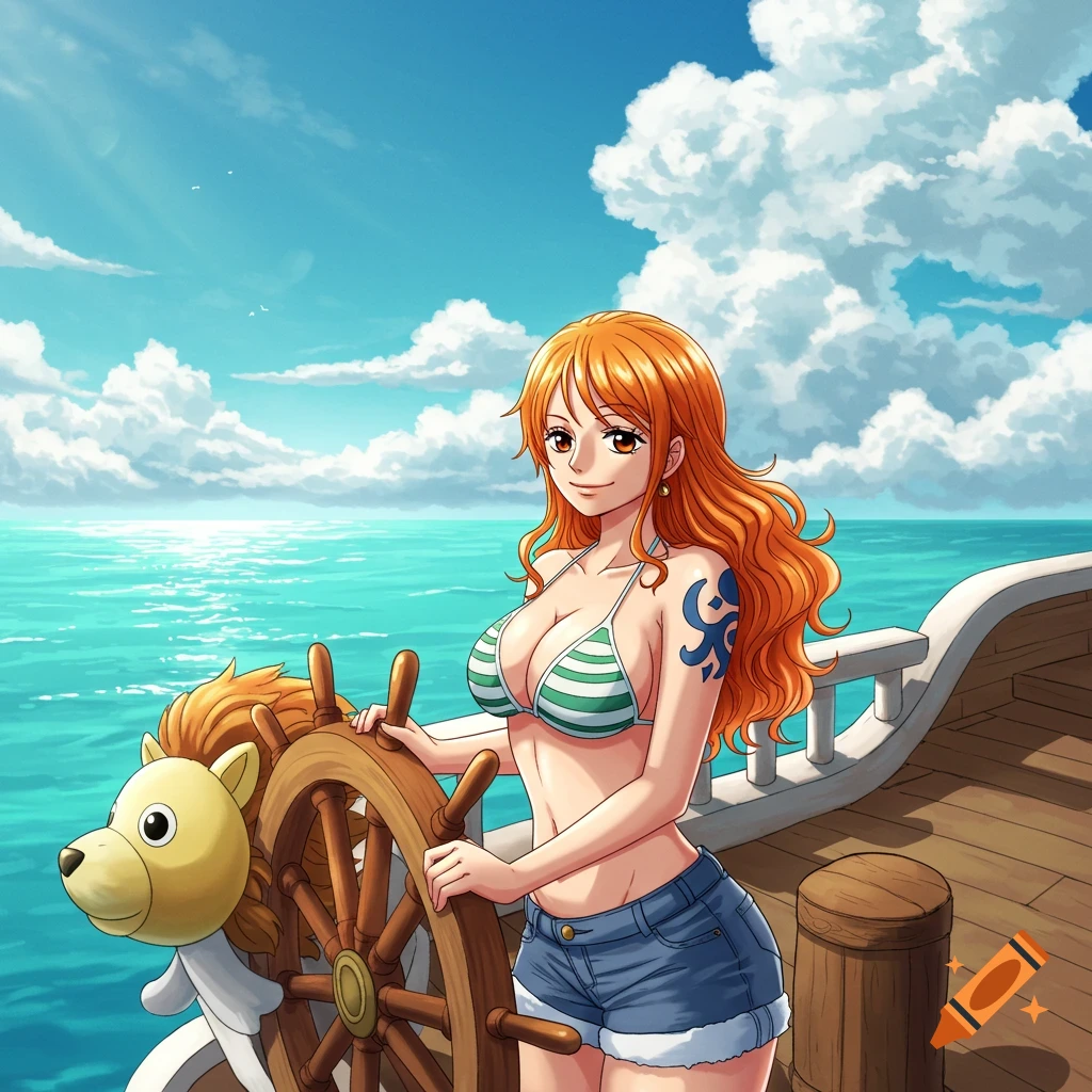Nami from One Piece in a bikini top and shorts steering a ship on a sunny day at sea, anime style.