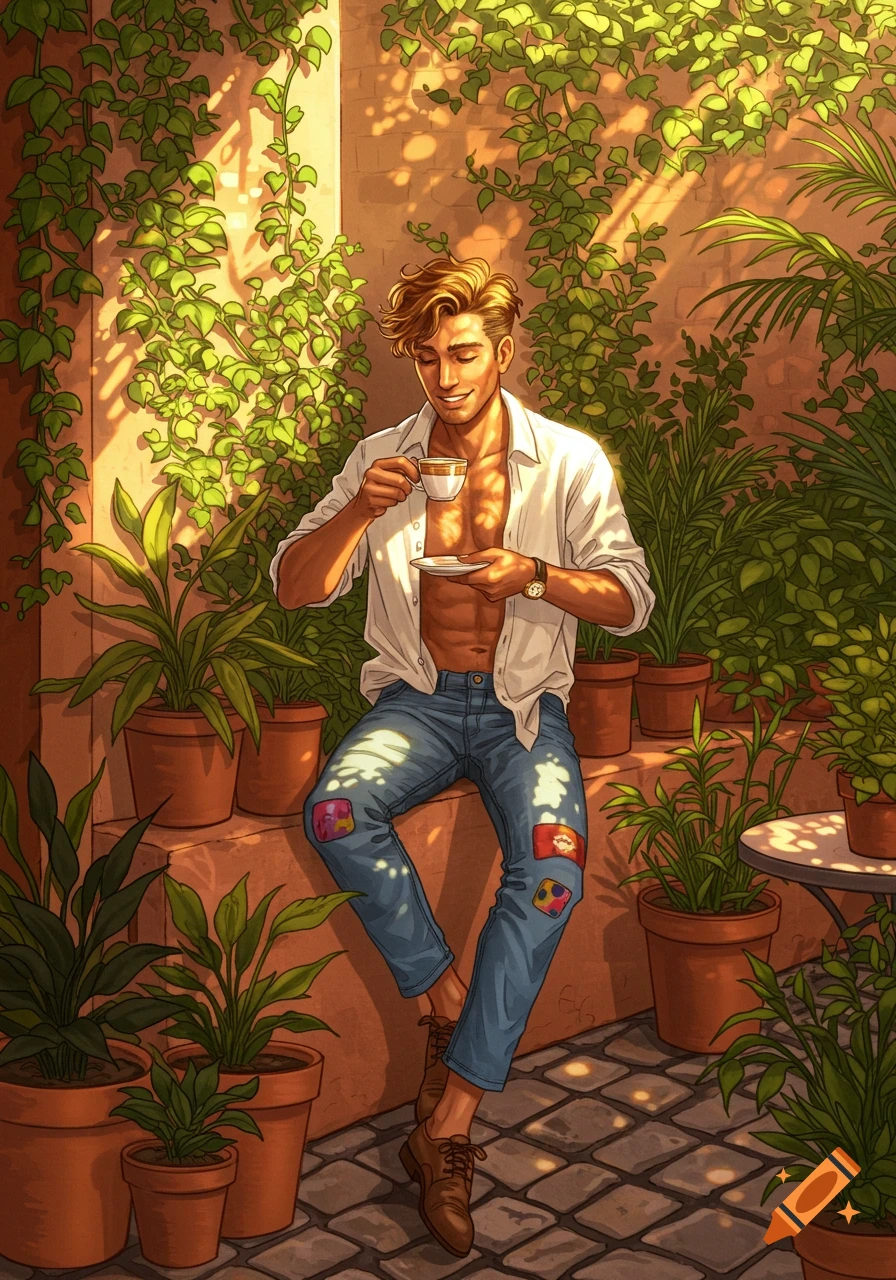 Illustrated man with open shirt sitting in a sunny garden drinking coffee among plants.