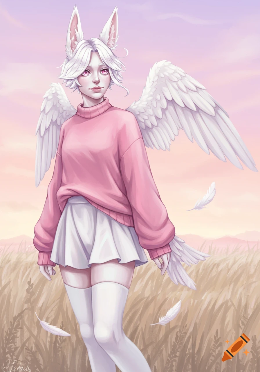 An anime-style character with white hair, bunny ears, and small white wings, wearing a pink sweater and white skirt, stands in a field at sunset.