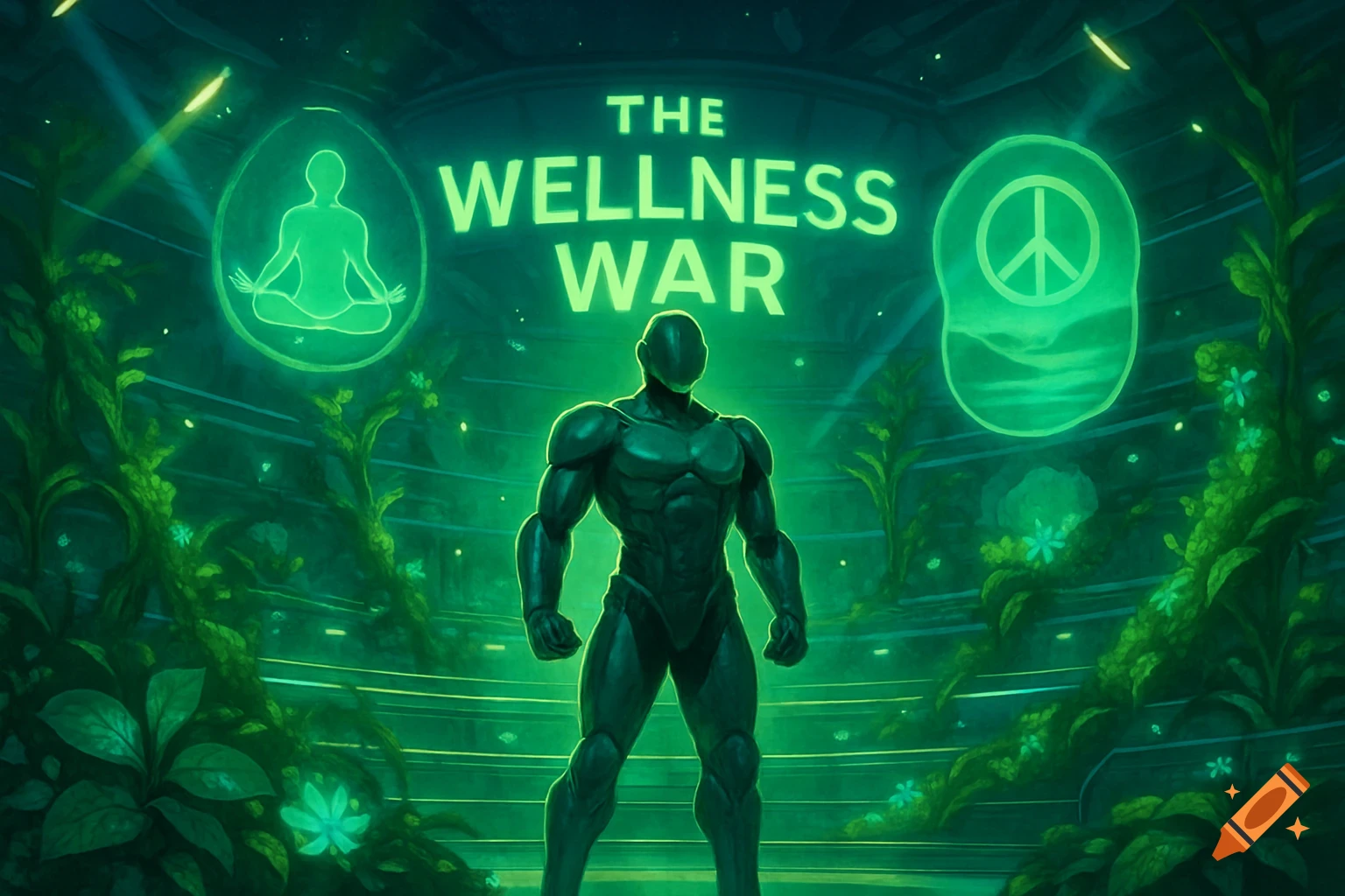 A muscular figure stands in a green, glowing futuristic plant-filled arena with 'THE WELLNESS WAR' neon text above.
