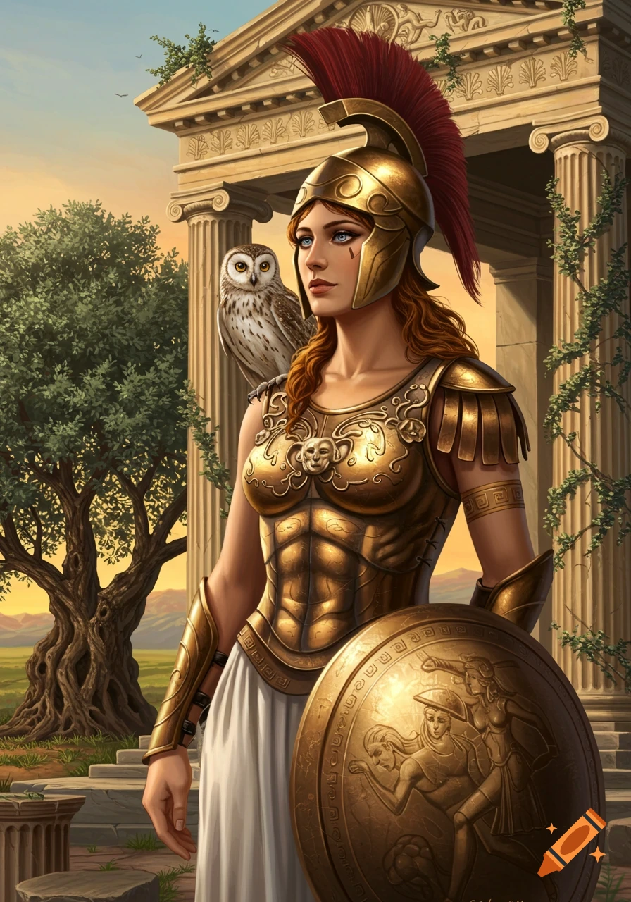 Athena in golden armor with a helmet and a red plume, an owl on her shoulder, stands by a Greek temple and olive tree.