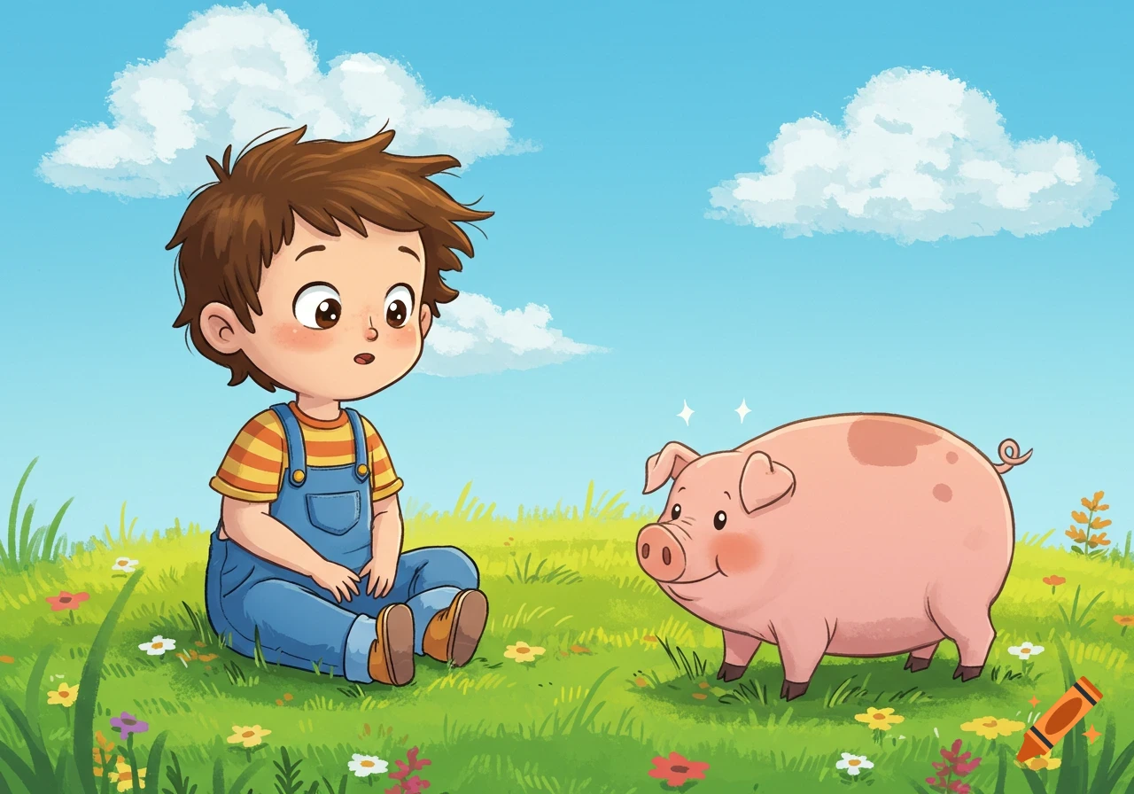 A cartoon boy sitting on green grass looks at a pink pig under a blue sky.