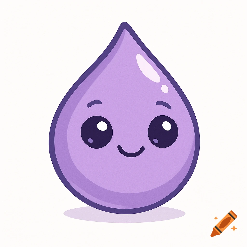 A cute purple cartoon water droplet mascot with a happy face on a white background.