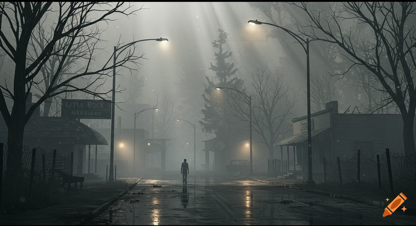 A lone figure walks down a desolate, foggy street at dusk, lined with streetlights, bare trees, and buildings, with a sign reading 'LITTLE ROCK, ARKANSAS'.
