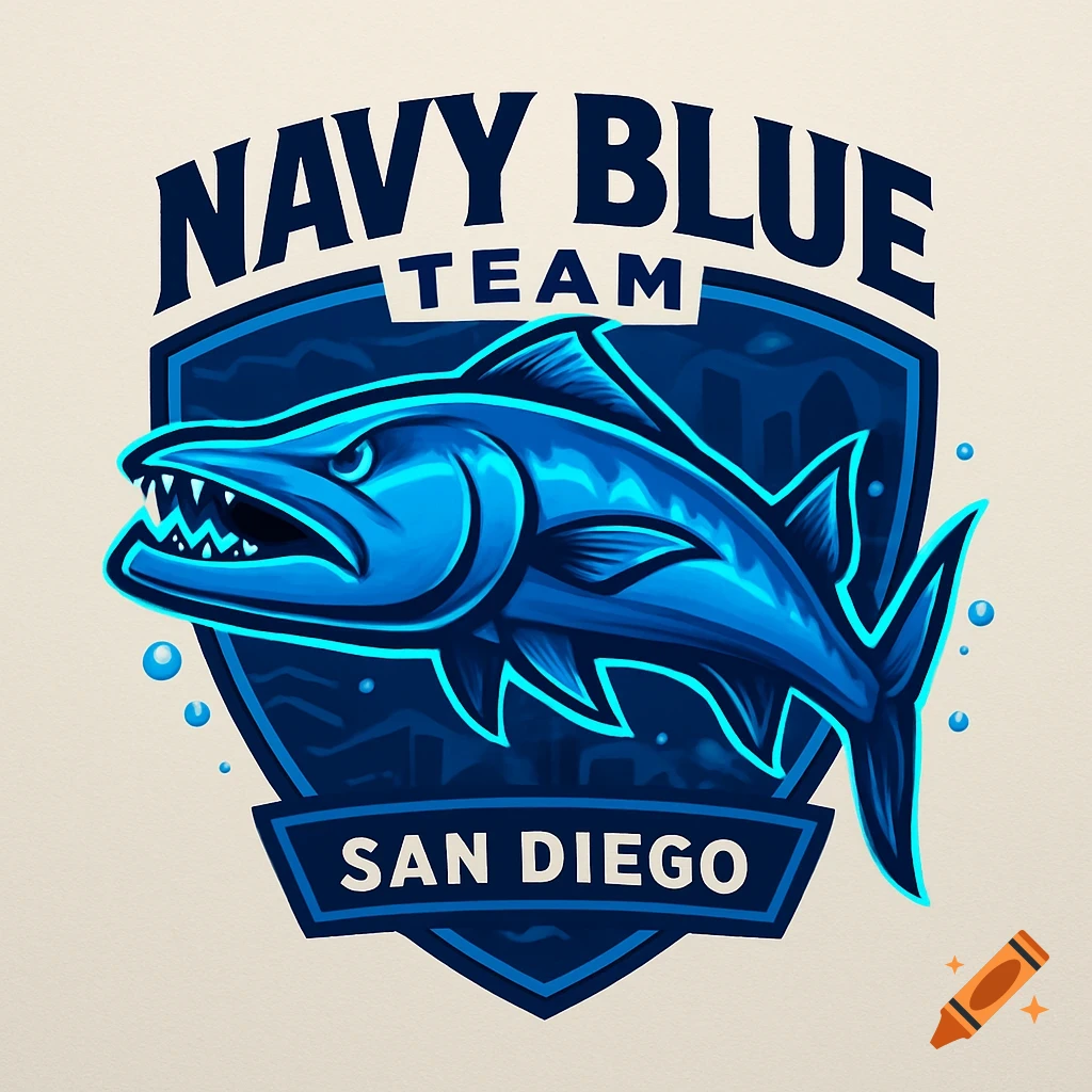 Navy blue and light blue sports logo featuring an aggressive barracuda on a shield, with 'NAVY BLUE TEAM' and 'SAN DIEGO' text.