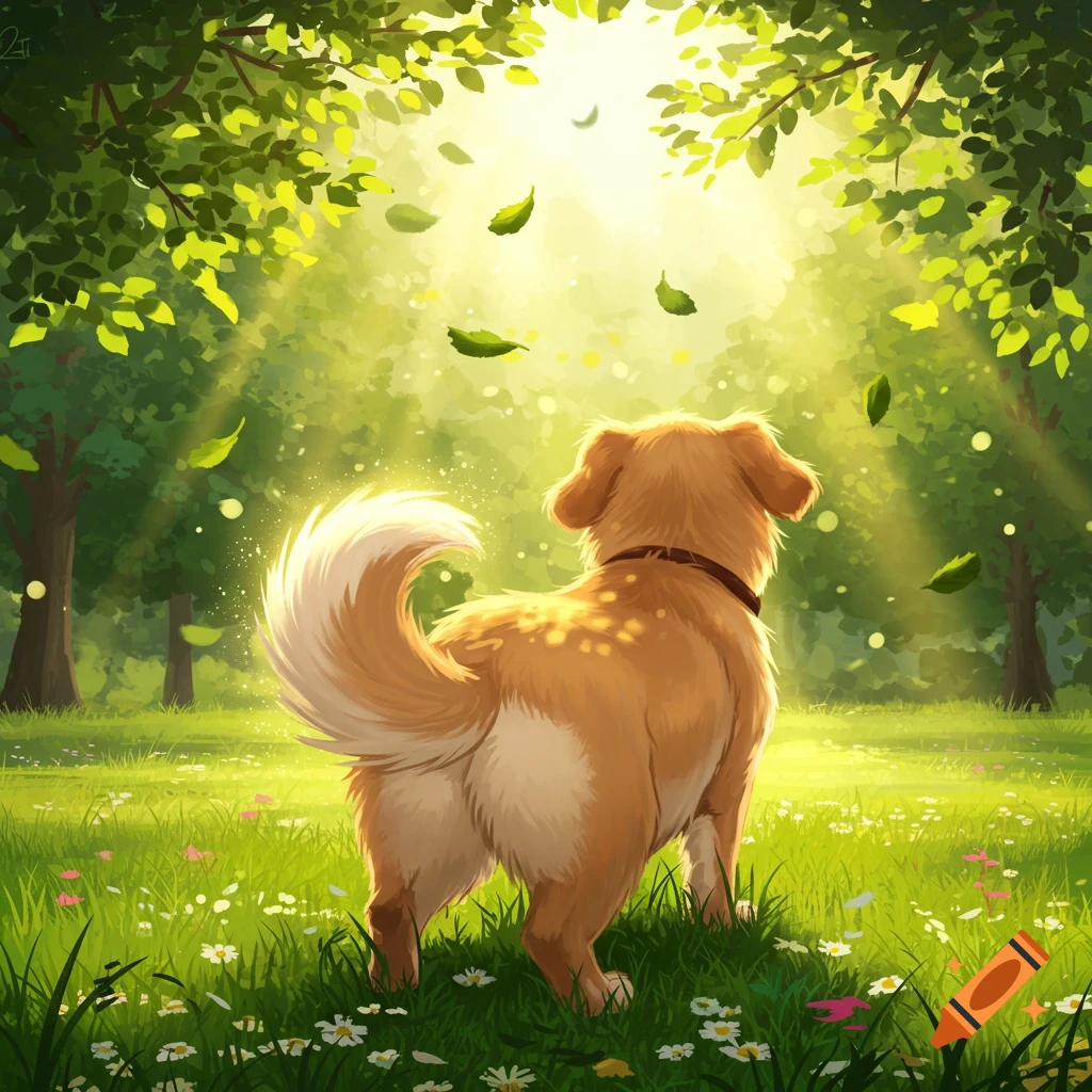 A cute golden-brown dog seen from behind, standing in a sunny, green field filled with flowers and looking up at sunlight filtering through trees with falling leaves in an illustrative style.