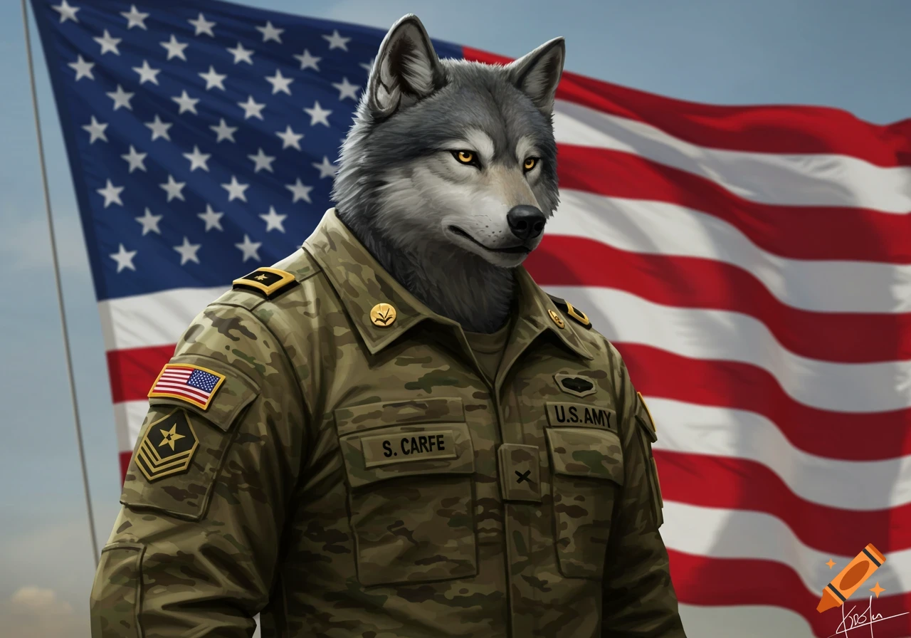 An anthropomorphic grey wolf in U.S. military camouflage uniform stands in front of a waving American flag.