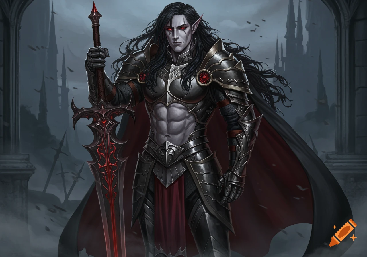 A dark fantasy knight with grey skin, long black hair, and red eyes, wearing dark armor and a cape, holding an ornate sword.