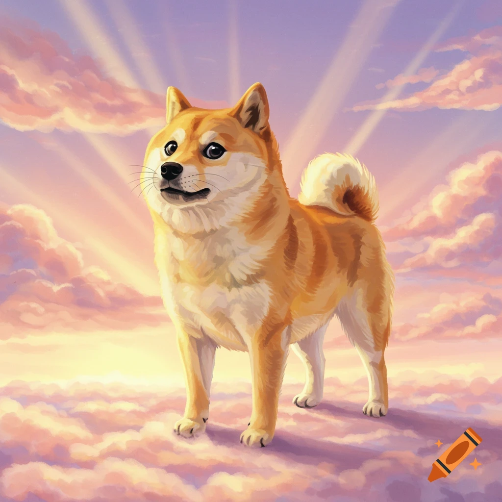 A cute Shiba Inu dog stands on pink and purple clouds with golden sun rays beaming down from a light purple sky.