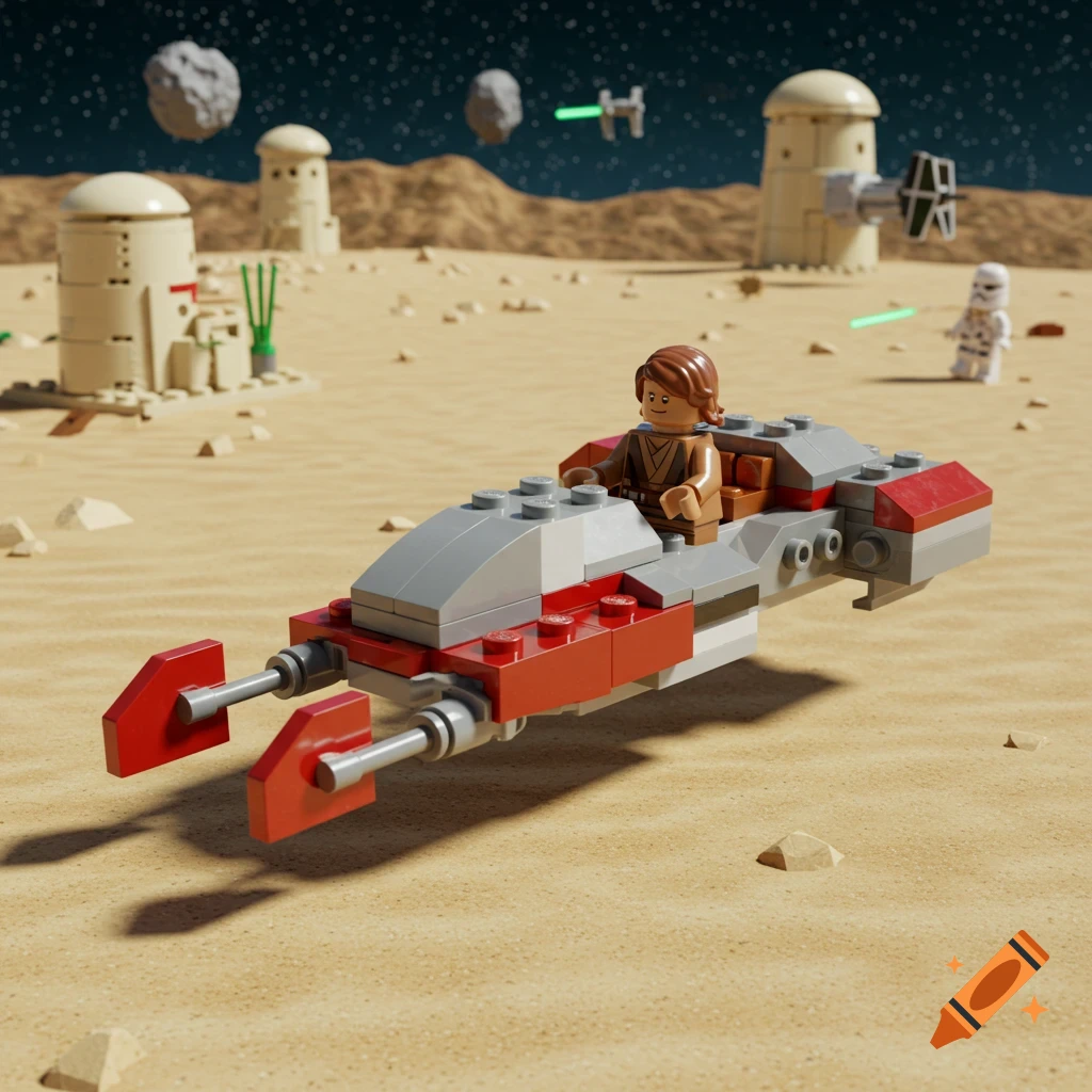 Lego Anakin Skywalker on a red and gray speeder in a desert landscape with buildings and a Stormtrooper under a starry sky.