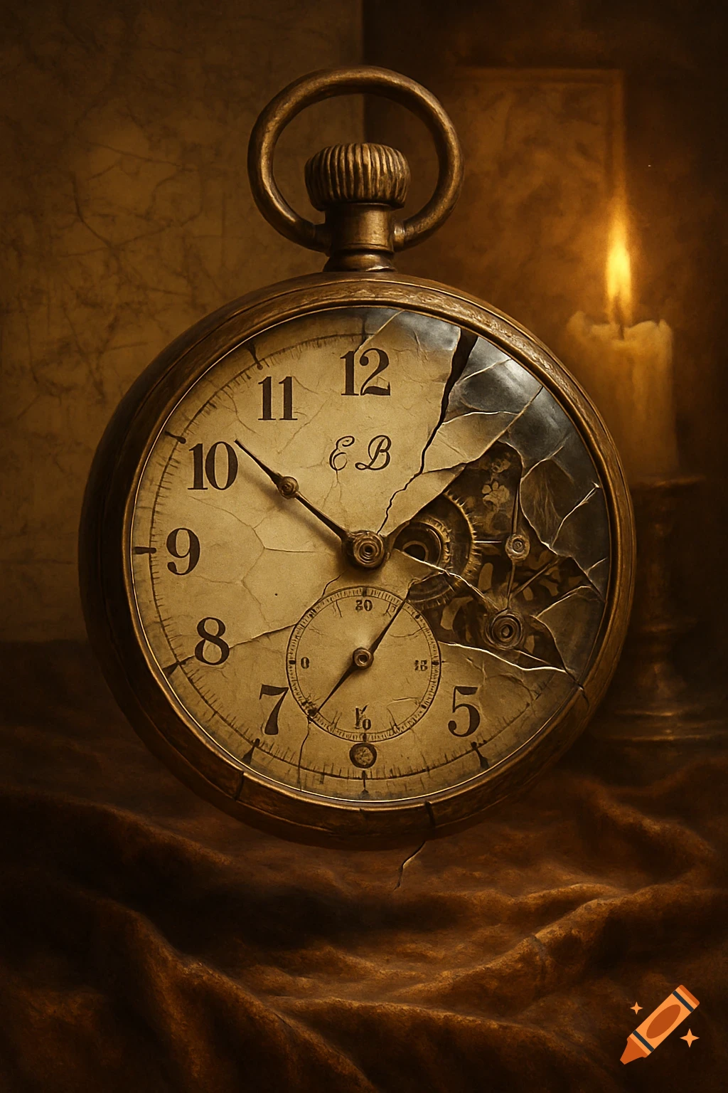 An antique, ornate, broken pocket watch with the initials EB on its face, set against a dark background with a lit candle.
