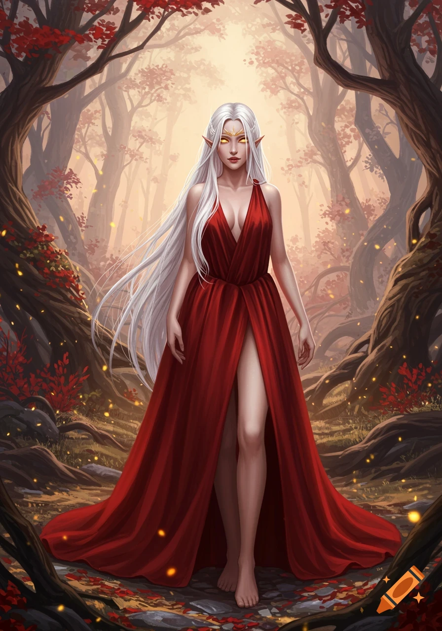 A female elf with long white hair and glowing golden eyes wears a flowing red dress, standing barefoot in an autumn forest.