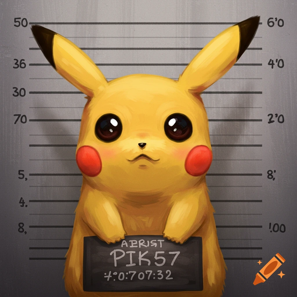 A cute, yellow Pikachu with red cheeks and black-tipped ears holds a dark gray mugshot board against a gray wall with height markings. The board has white text that reads "ABRIST", "PIK57", and "4:0:07:32".