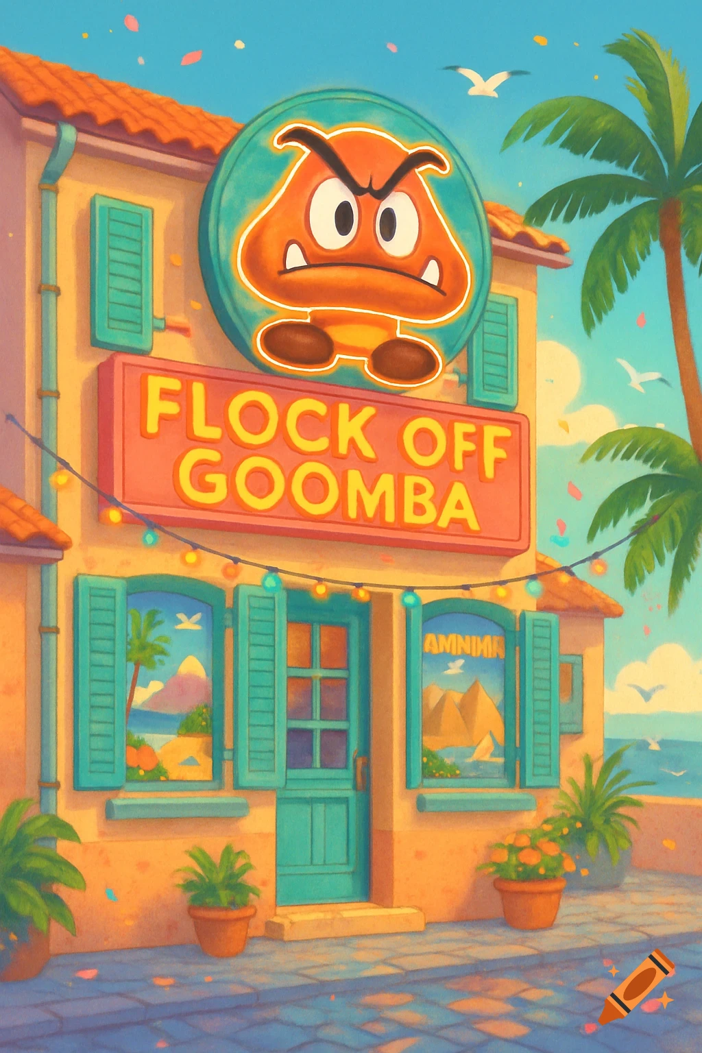 An illustration of a building resembling a Mediterranean storefront with a large sign reading "FLOCK OFF GOOMBA" and a Goomba character logo above it. Palm trees and seagulls are visible against a bright blue sky.