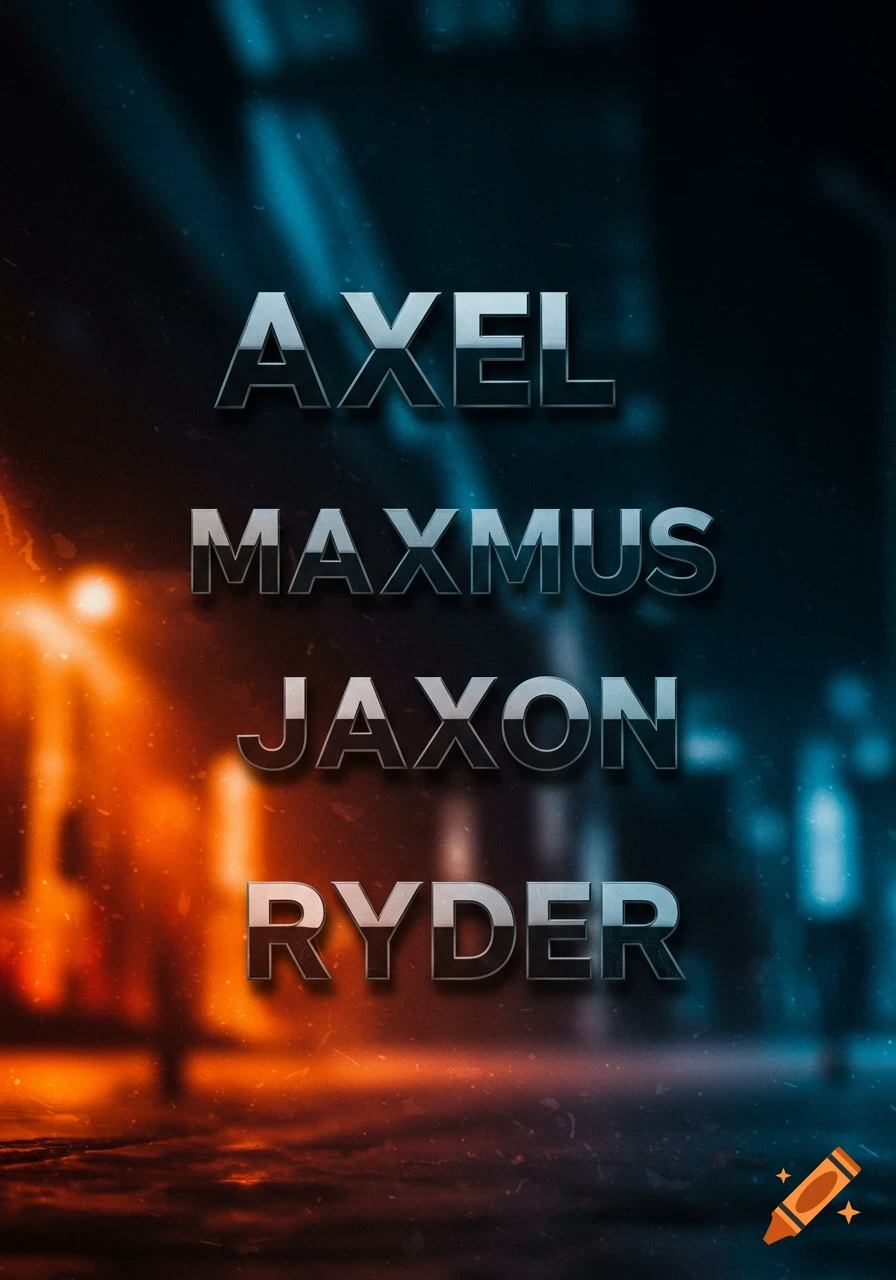 Metallic names Axel, Maxmus, Jaxon, Ryder on a dark, abstract background with orange and blue light.