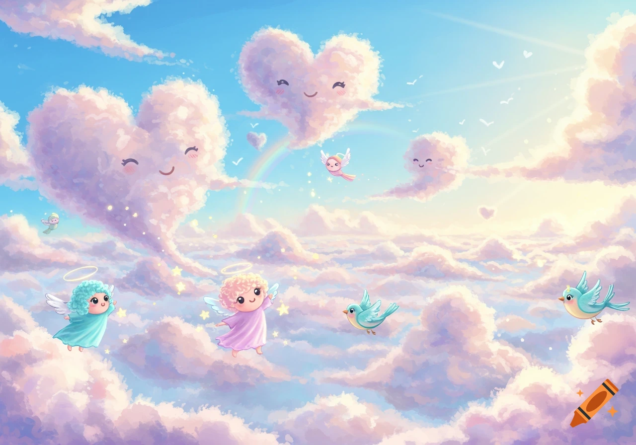 Dreamy pastel sky with smiling heart-shaped clouds, cute angels, and birds flying amidst a rainbow.