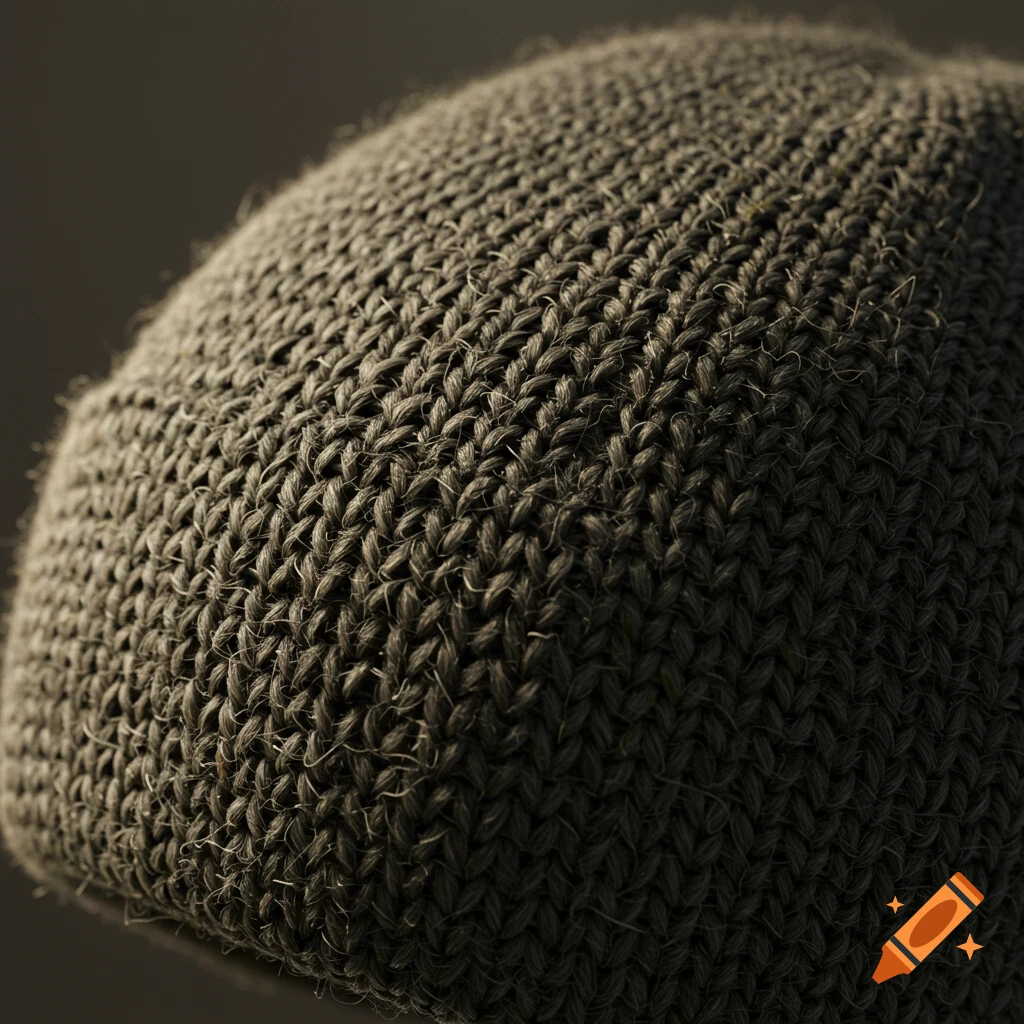 Close-up photorealistic image of the texture of a knitted gray beanie.