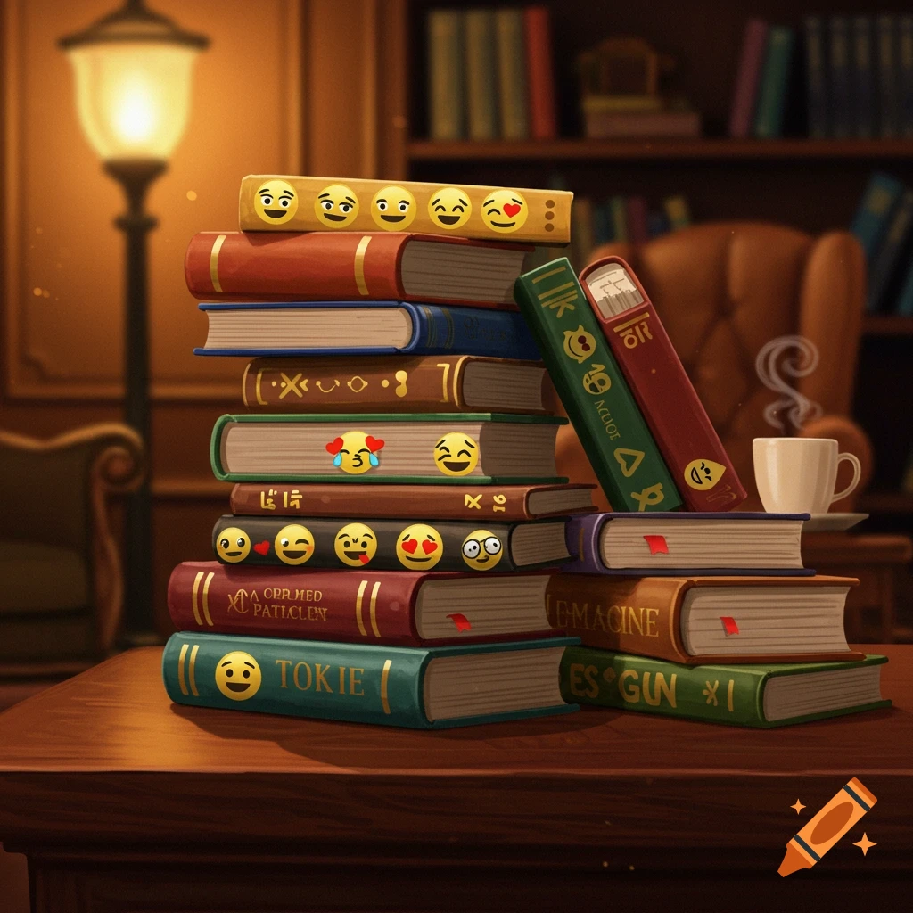 A stack of colorful books with various emojis on their spines sits on a wooden table in a dimly lit library, with a steaming mug beside them.