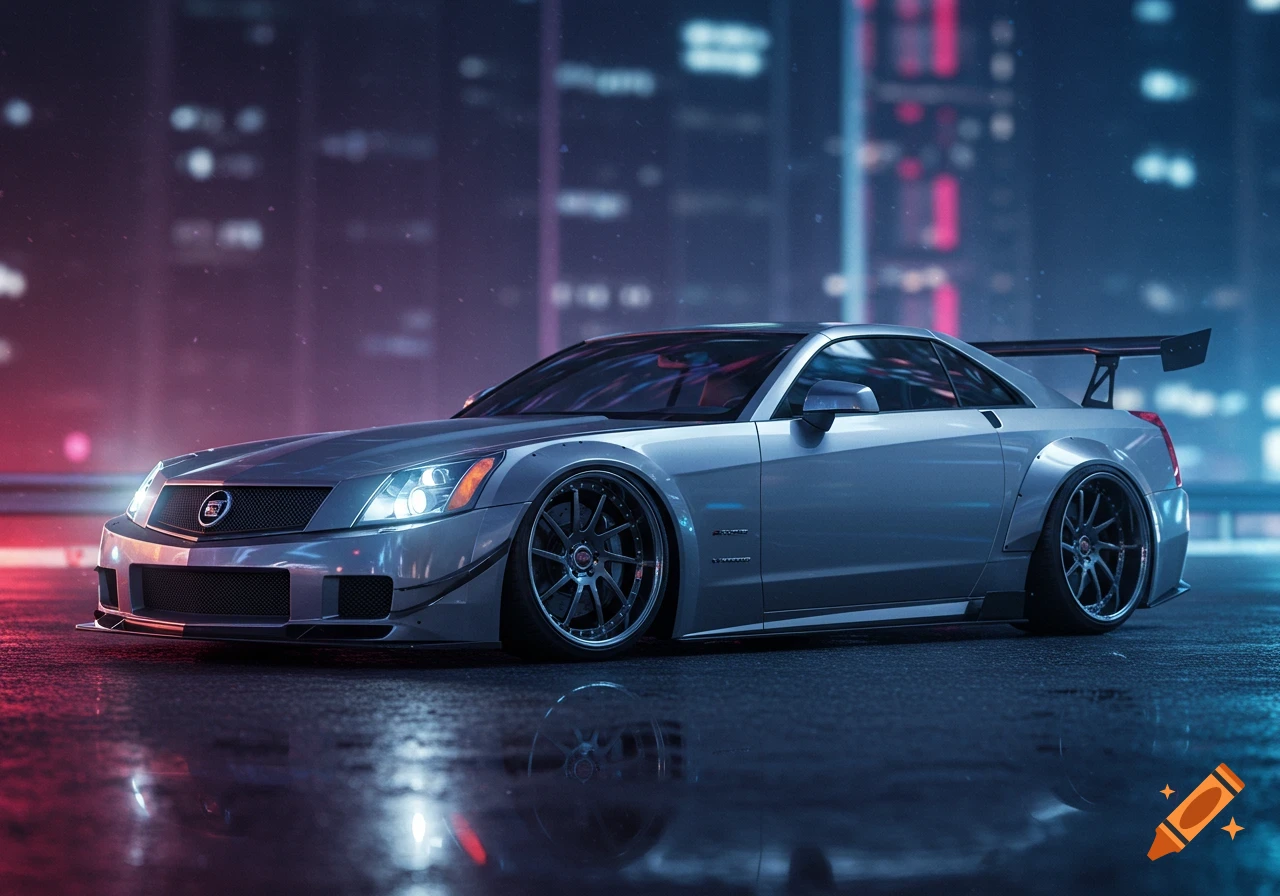 A silver Cadillac XLR-V with a widebody kit, lowered and featuring a rear spoiler, sits on a wet city street at night under blue and red neon lights.