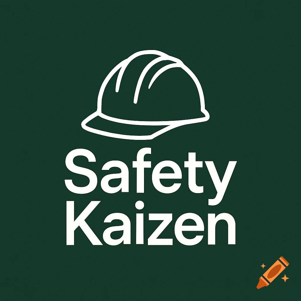 A minimalist logo with a white hard hat icon above the words "Safety Kaizen" in white text on a dark green background.