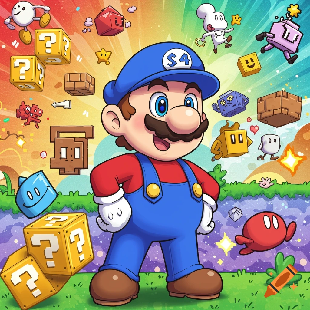 A colorful cartoon illustration of Mario in a blue hat with "S4" on it, surrounded by various Super Mario Bros. style blocks and characters.