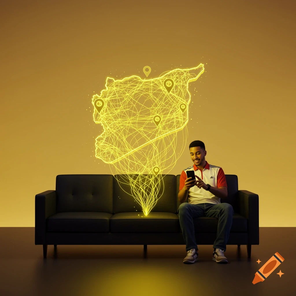 A man sits on a black sofa, looking at his smartphone, from which a glowing yellow abstract map of Syria with location pins emerges.