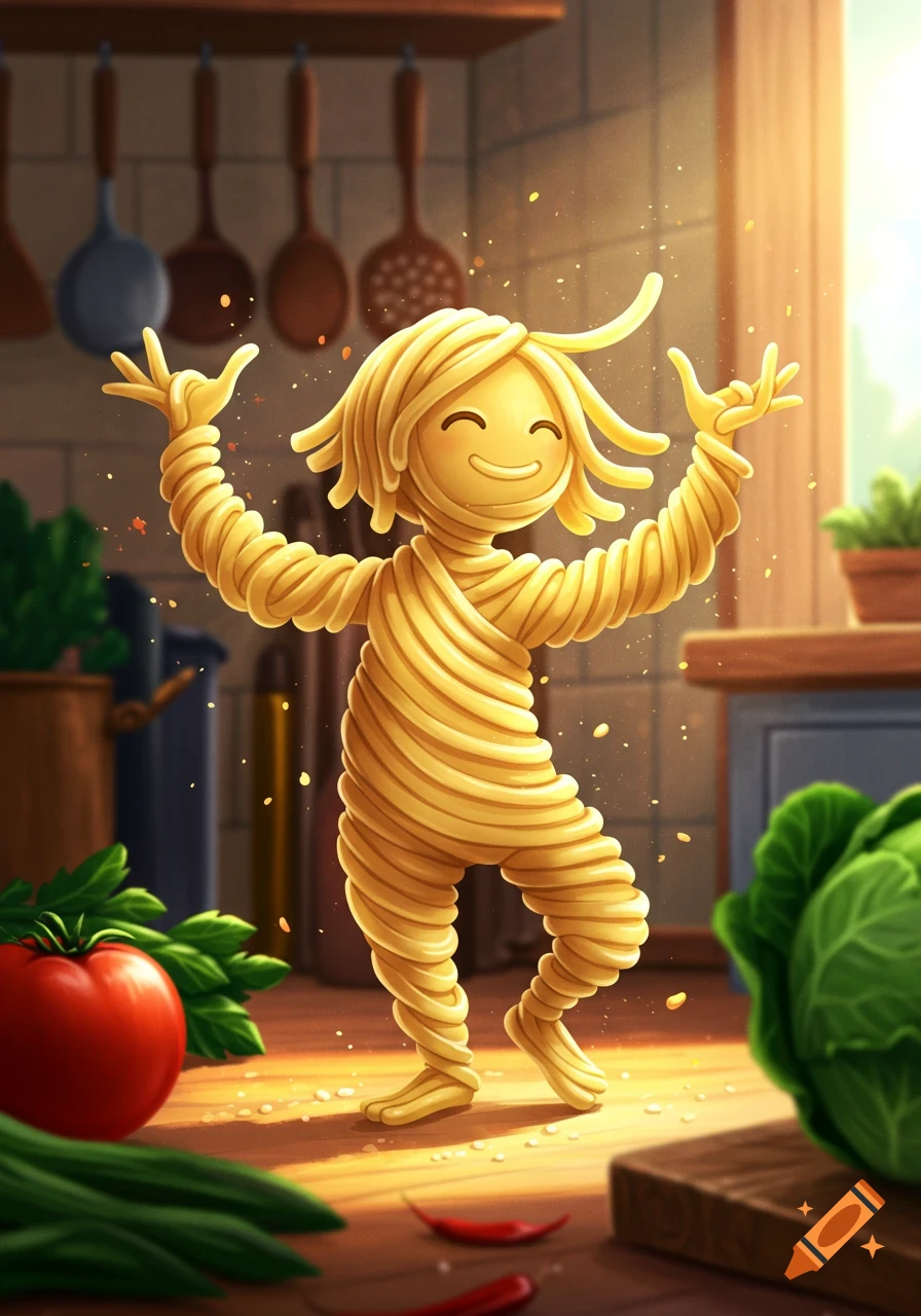 A happy, whimsical character made of spaghetti noodles dances in a sunlit kitchen, surrounded by vegetables and cooking utensils.