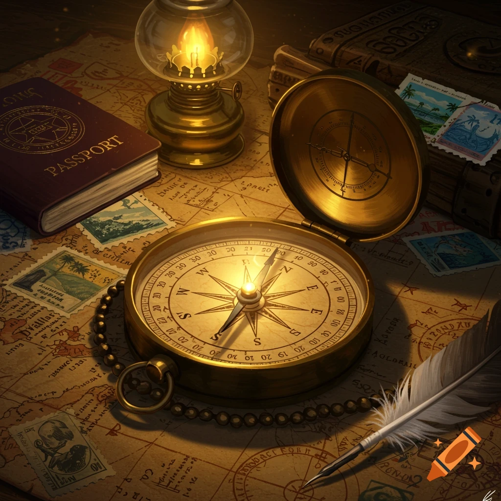 A vintage-style still life with a brass compass, an open passport book, a lit oil lamp, and old postage stamps on a detailed map.