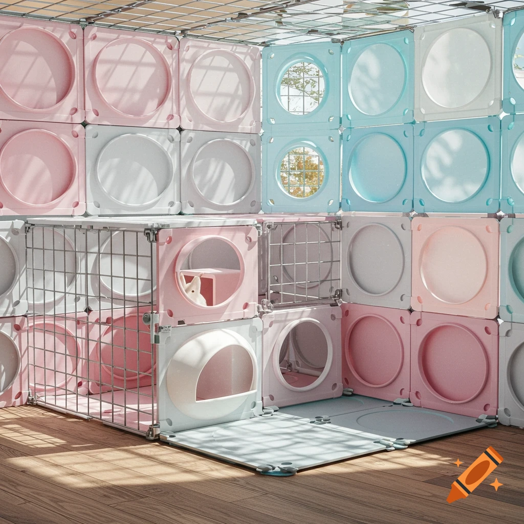 A modular pet enclosure with pink, blue, and white plastic panels, metal grids, and circular cutouts on a wooden floor, with a white rabbit inside.