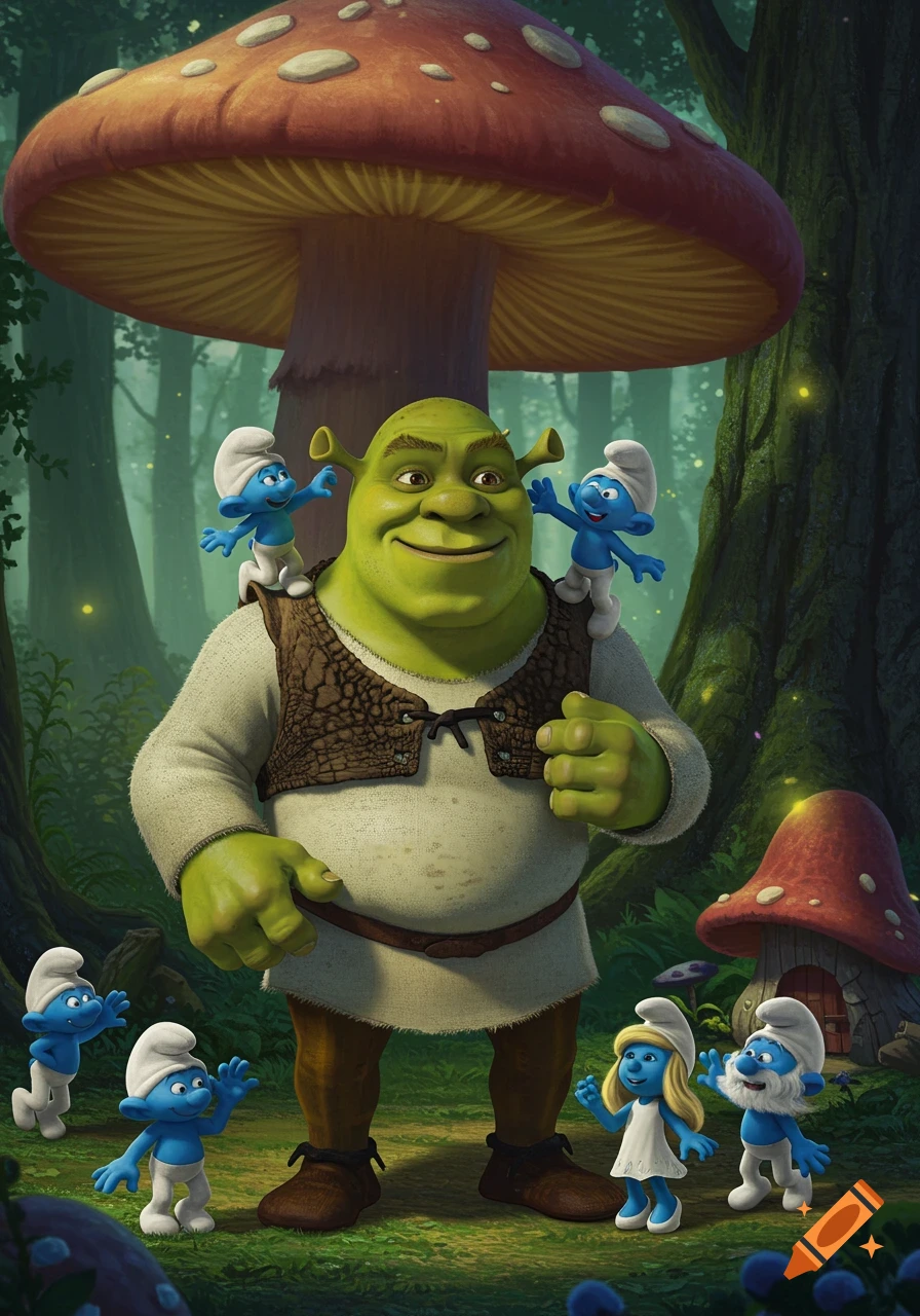 Shrek stands in an enchanted forest with multiple Smurfs on and around him, surrounded by giant mushrooms.