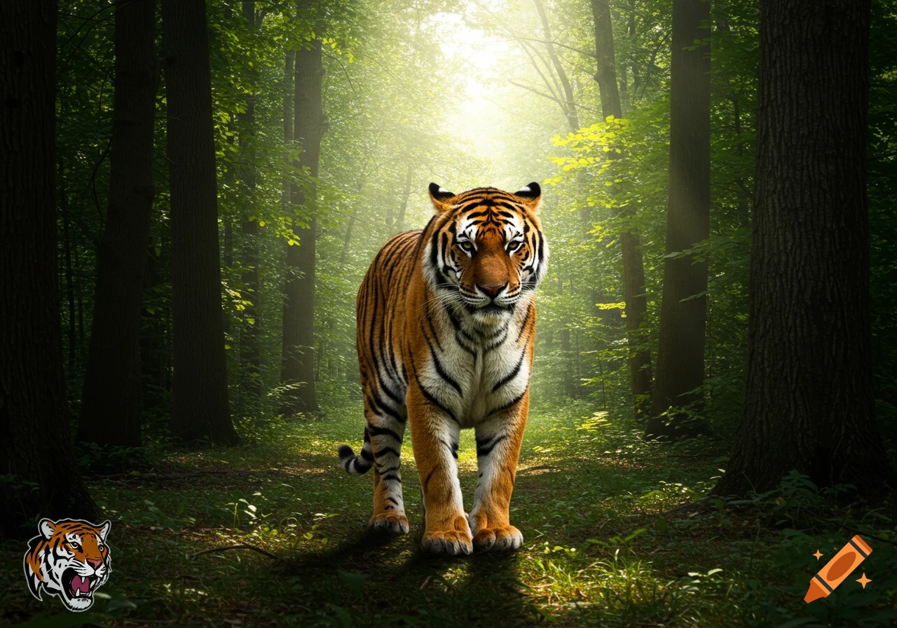 A majestic tiger stands in the center of a lush, green forest, with sunlight filtering through the trees.