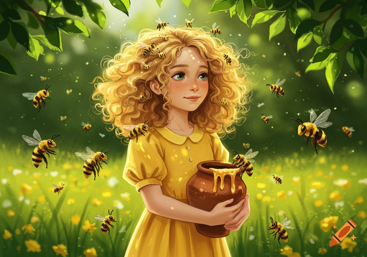 A whimsical illustration of a girl with curly blonde hair surrounded by bees, holding a honey pot in a sunny, green field.