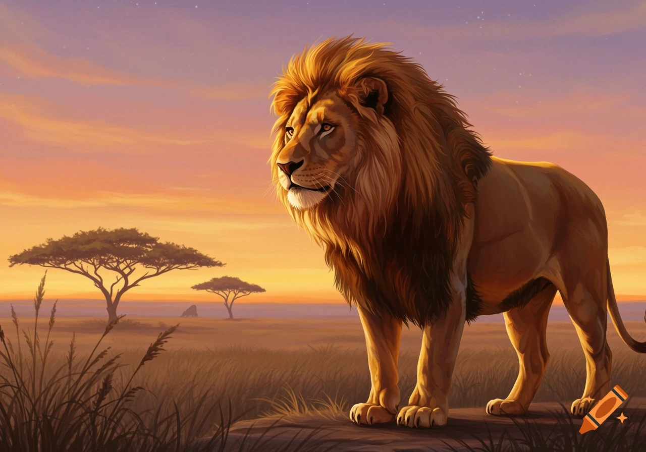A majestic lion stands on a rock in a golden savanna at sunset, digital art.