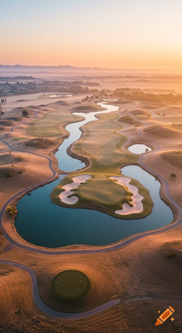 Aerial view of a minimalist golf course with curving fairways, water bodies, and bunkers at sunrise, with soft golden light.