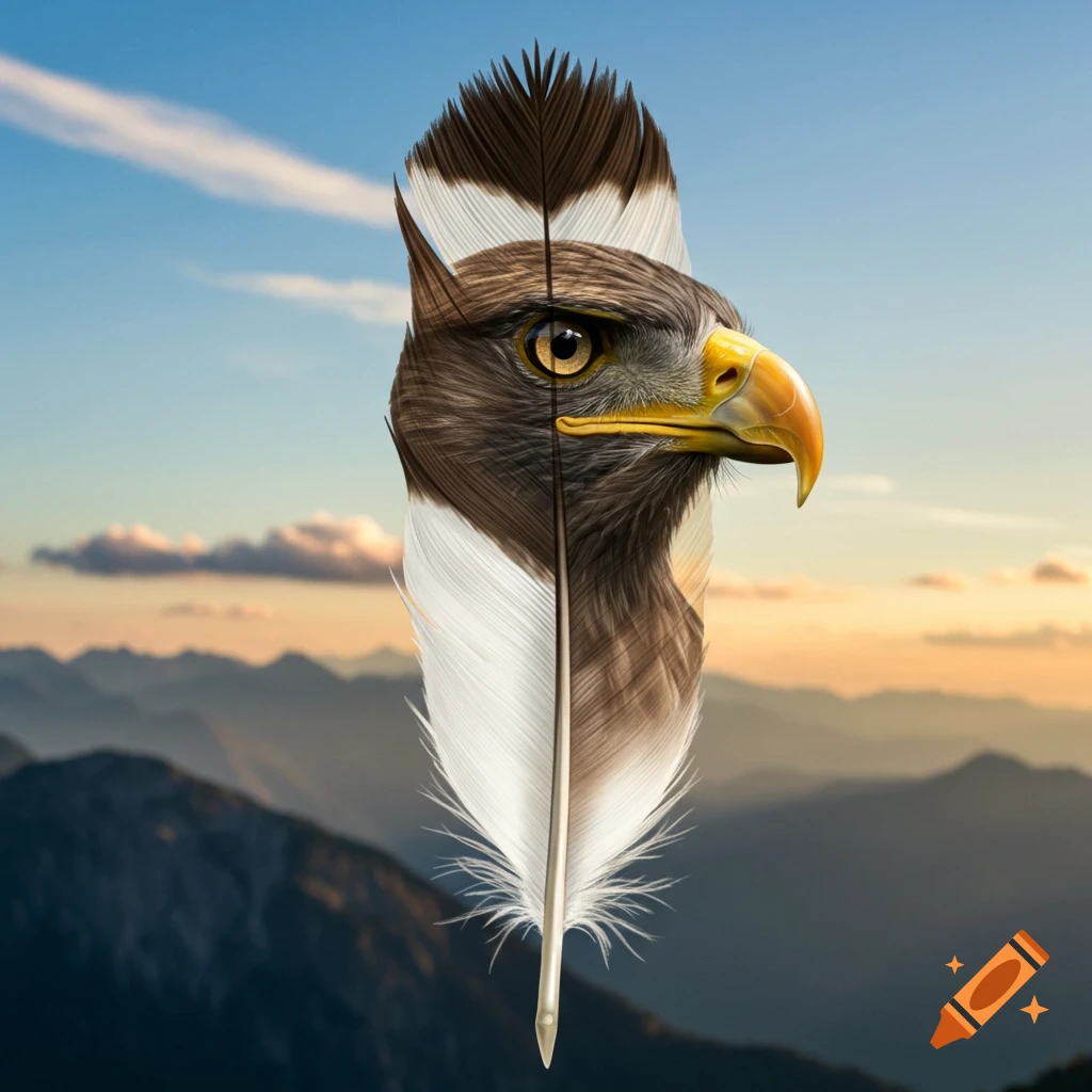 An eagle's head merges seamlessly into a feather, set against a backdrop of mountains and a blue sky at sunset.