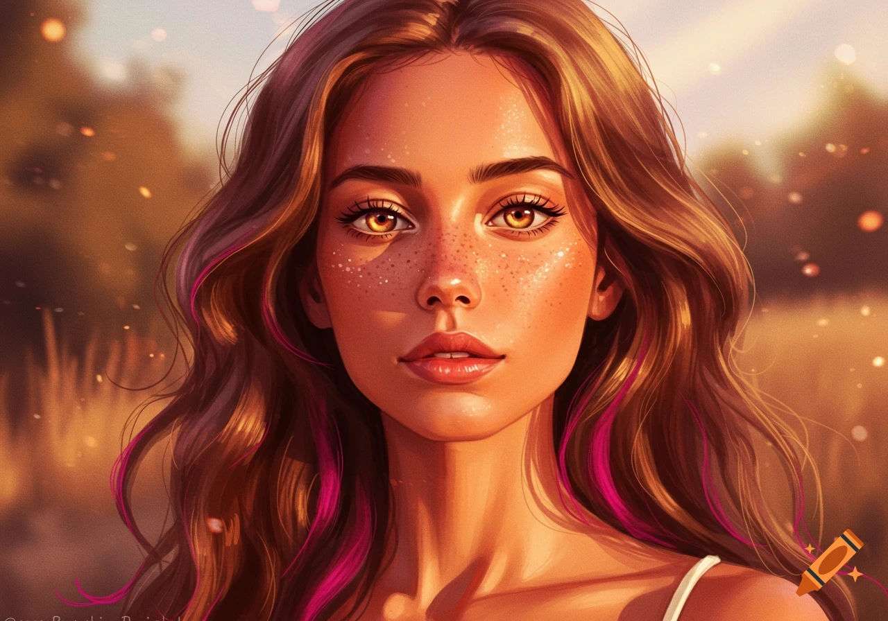 Close-up digital painting of a woman with long brown hair with pink streaks, golden eyes, and freckles, against a warm, sunlit blurred background.