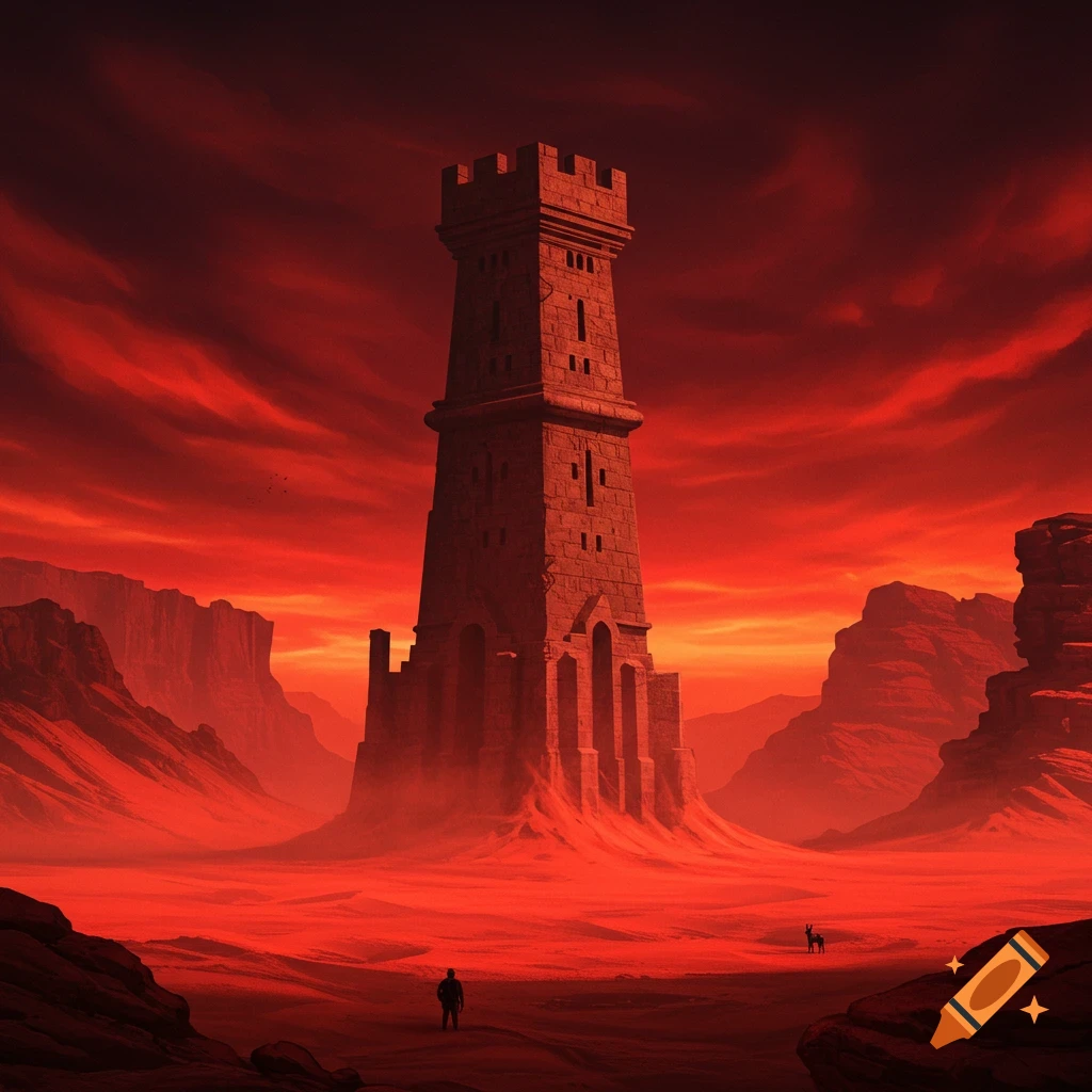 A tall, dark stone tower stands dramatically in a vast red desert landscape under a deep red sky with distant canyons.