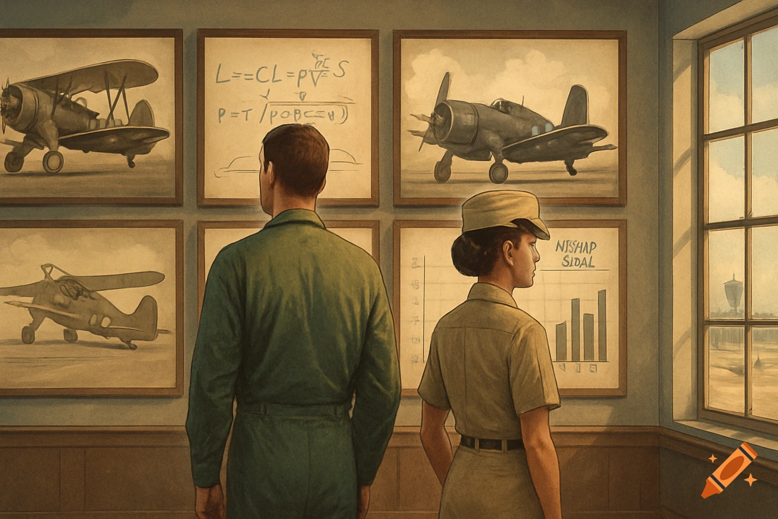 A man in a green flight suit and a woman in a khaki US Navy uniform stand from behind, looking at framed images of old airplanes, aviation formulas, and bar graphs.