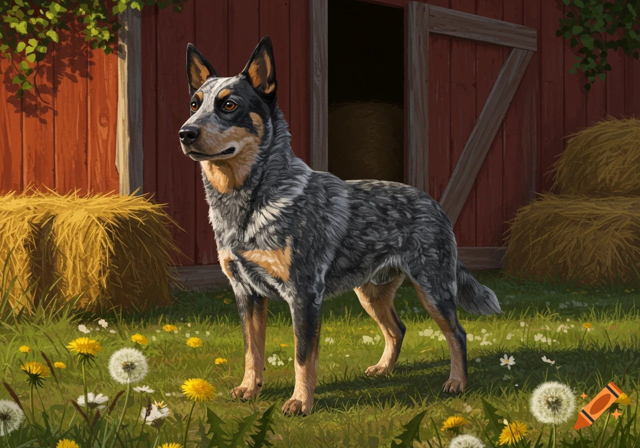 A blue heeler dog stands in a field of green grass and dandelions in front of a red barn, painted digitally.
