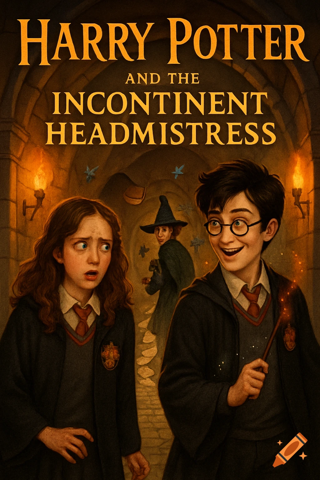 Illustrated book cover of 'Harry Potter and the Incontinent Headmistress' featuring Harry and Hermione in a dark hallway.