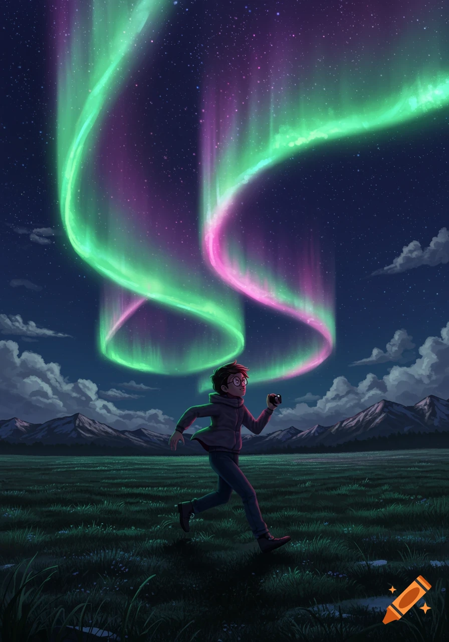 A cartoon-style image of a person running through a grassy field at night, looking up at a bright green and pink aurora borealis.