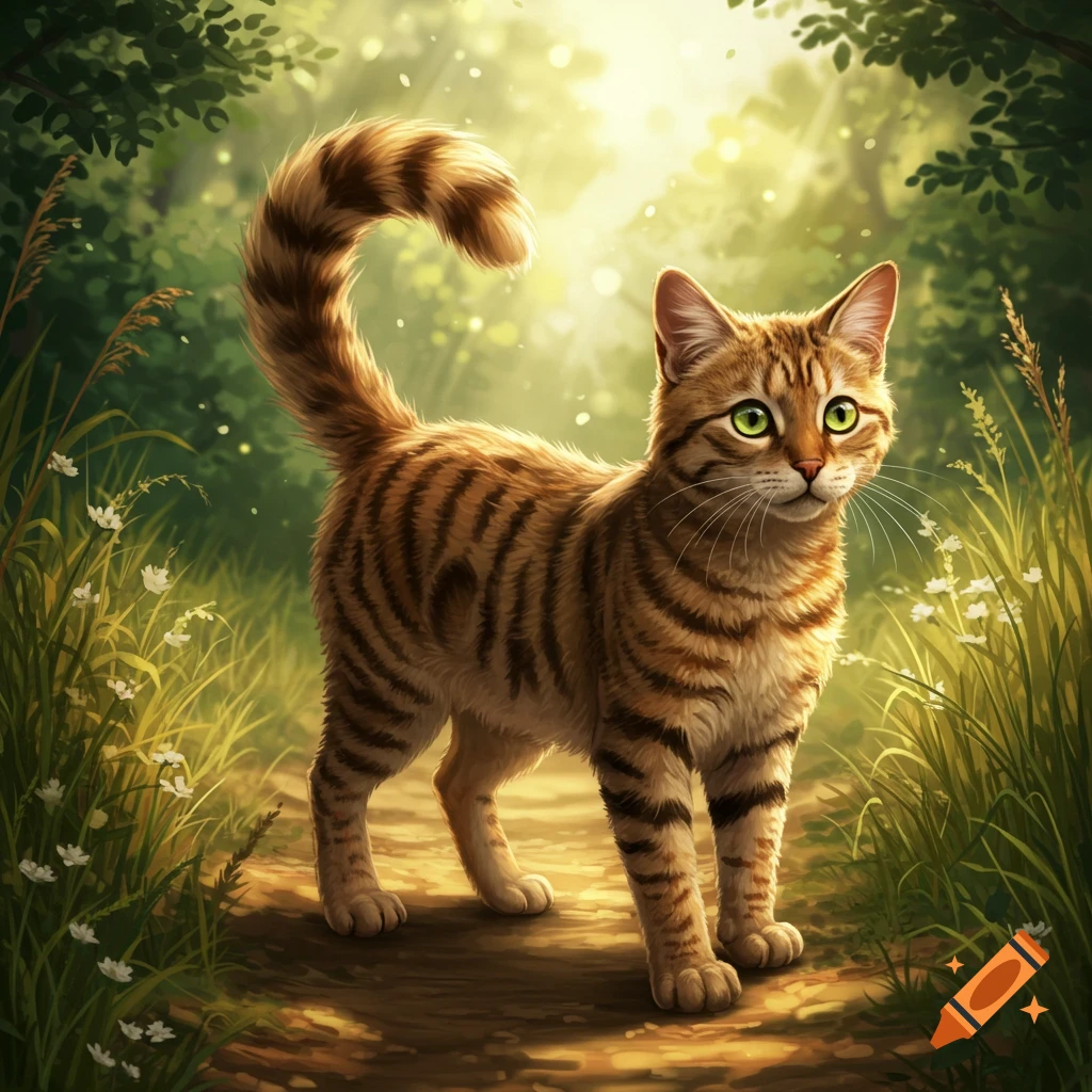 A detailed tabby cat with green eyes stands on a dirt path in a sunlit forest.