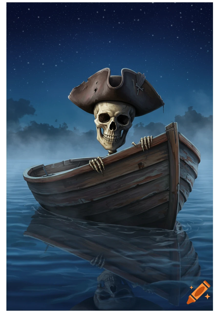 A skeleton wearing a tricorn hat peeks out of a wooden rowboat on dark, star-lit water with reflections.